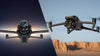 Mavic 4 Pro drone against a dark background on left side and Mavic 3 Pro drone against mountainous background on right side