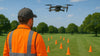 Man in high visibility orange jacket operating drone over grass with obstable course made using cones