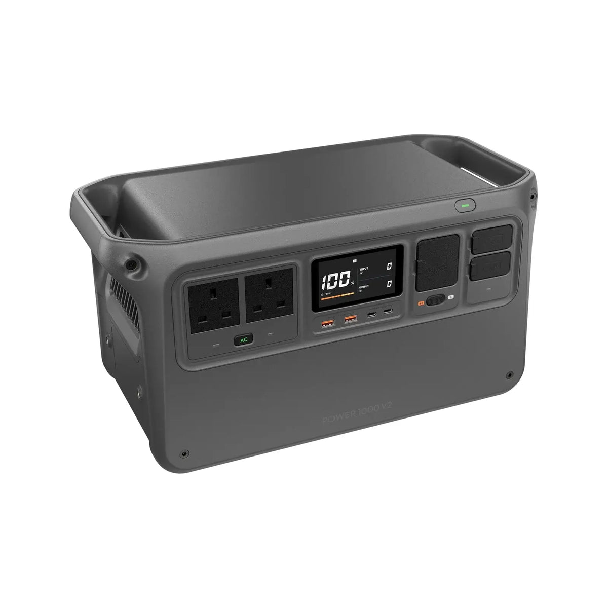 Grey portable Power 1000 V2 station with multiple outlets shown at a 45-degree front right view on a white background