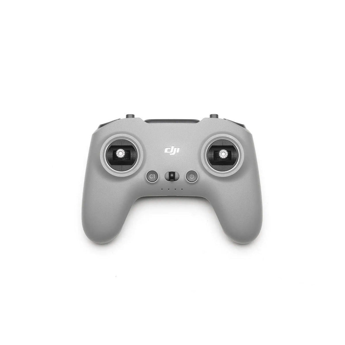 Grey FPV remote control with DJI logo front view on a white background