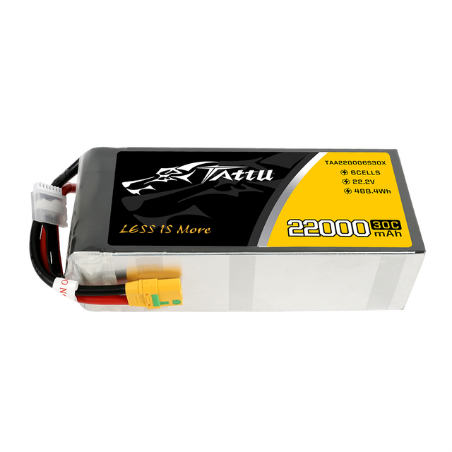 A Tattu brand lipo battery pack with 22000mAh capacity, 22.2V nominal voltage and XT90 connector on a white background