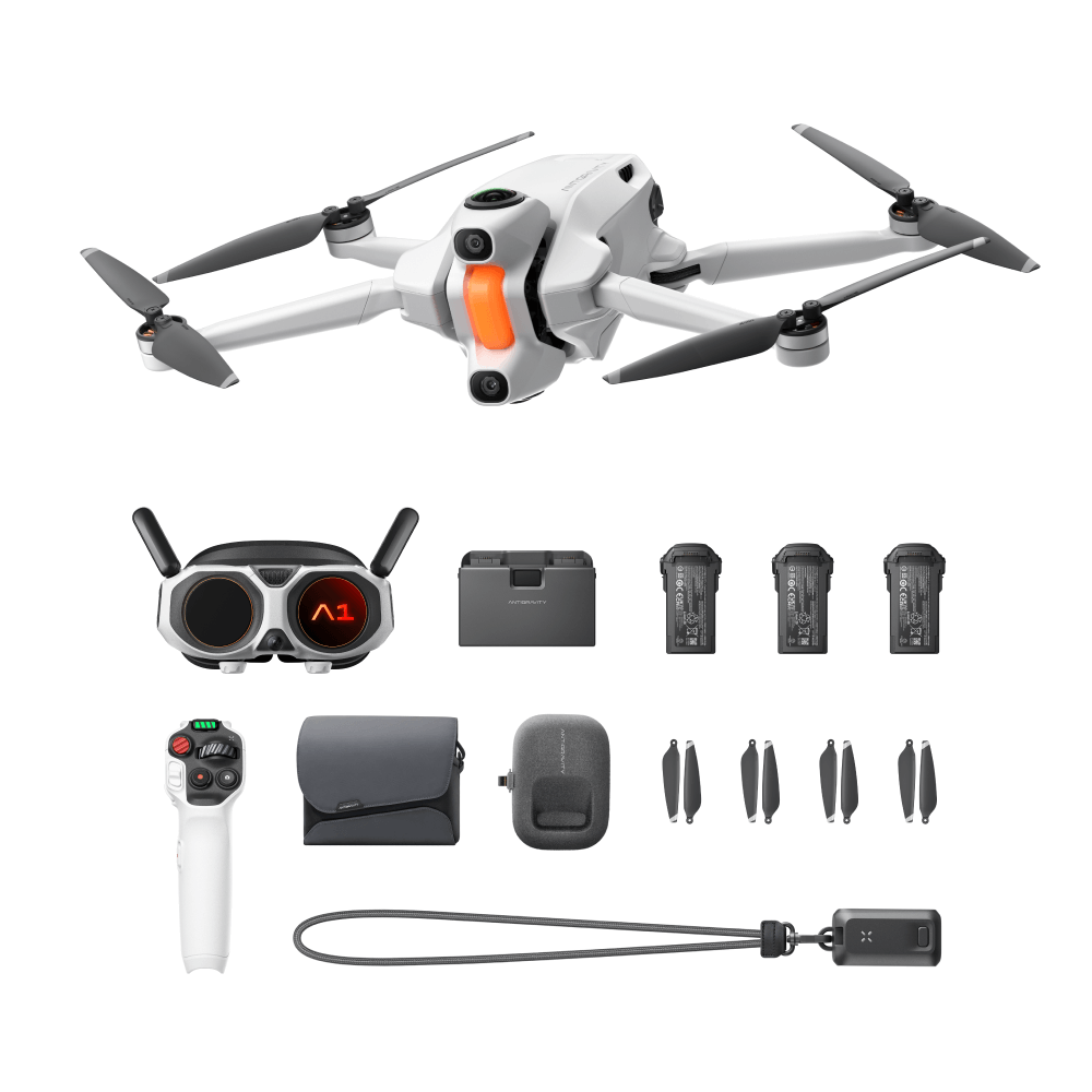 Antigravity A1 drone with explore bundle accessories on a white background