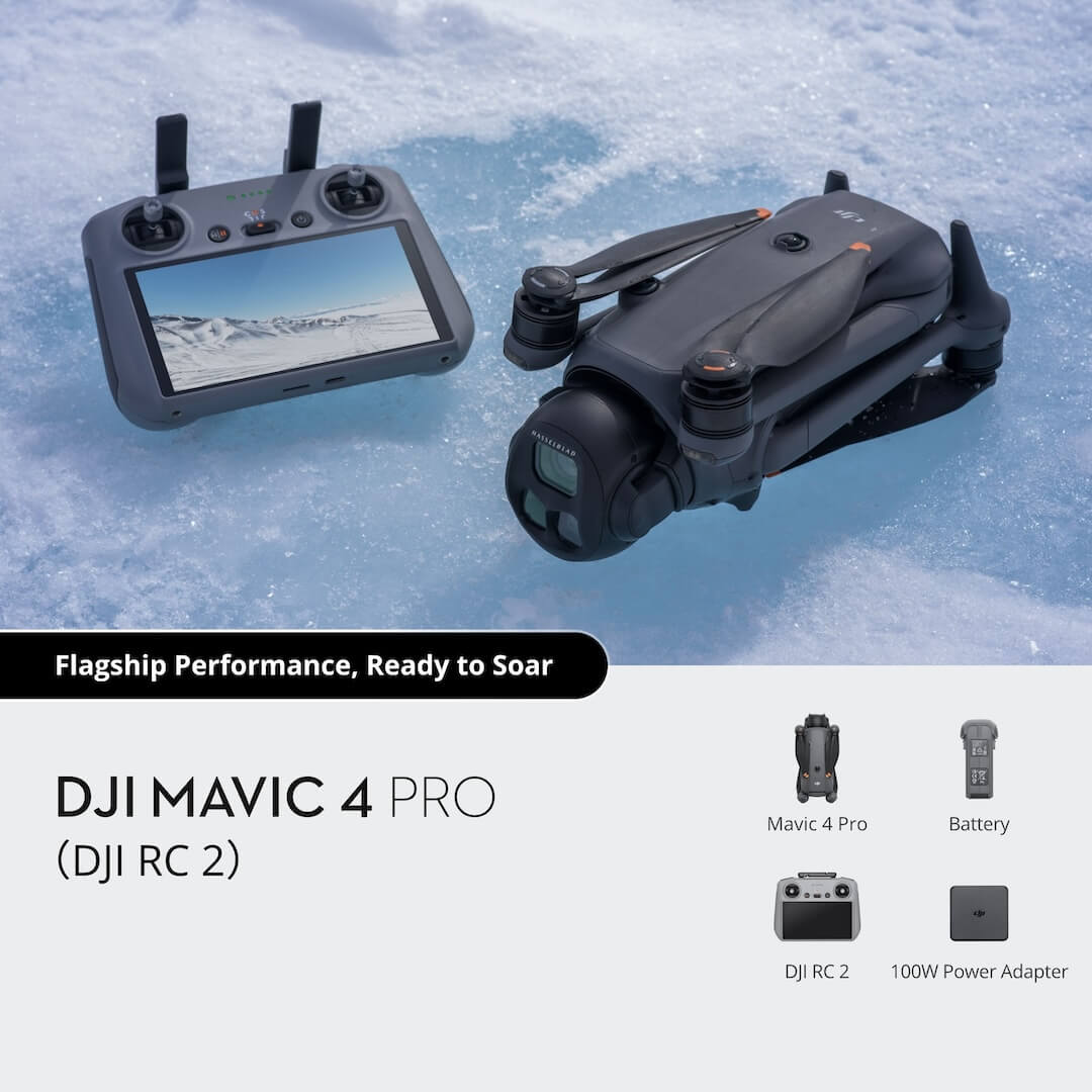 DJI Mavic 4 Pro with RC 2 bundle contents list, including drone and accessories
