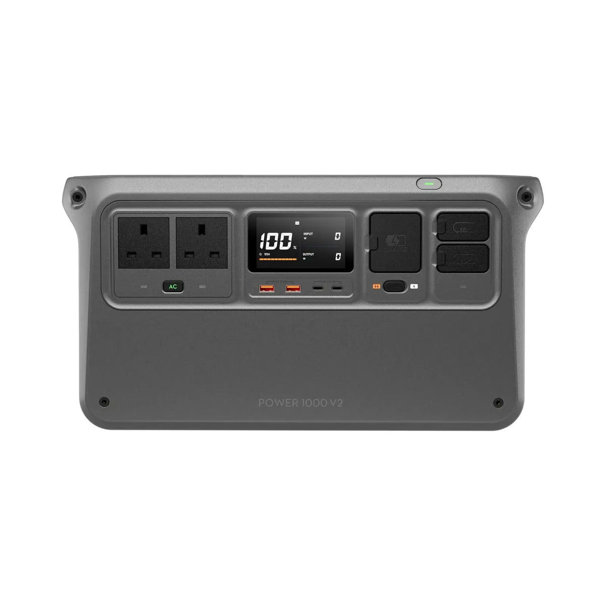 Grey portable Power 1000 V2 station with multiple outlets shown at a front view on a white background