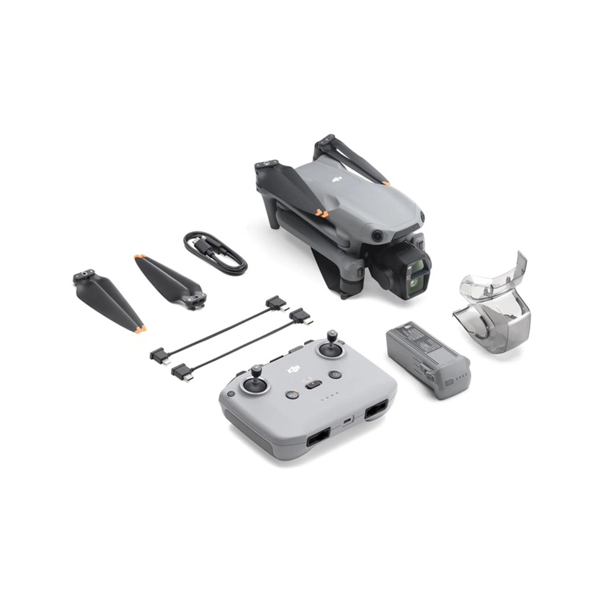 A DJI Air 3S drone with its included accessories on a white background