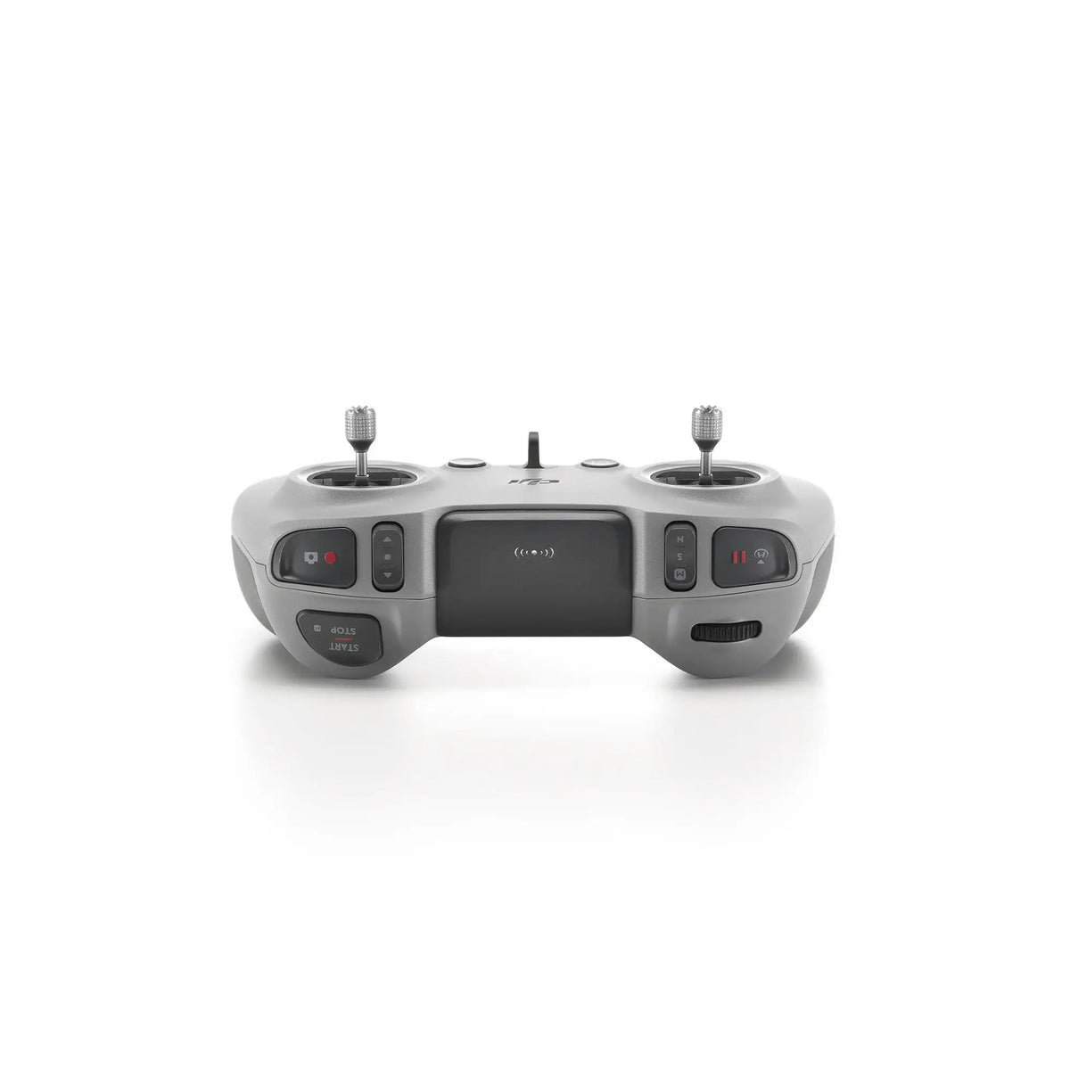 Grey FPV remote control rear view on a white background