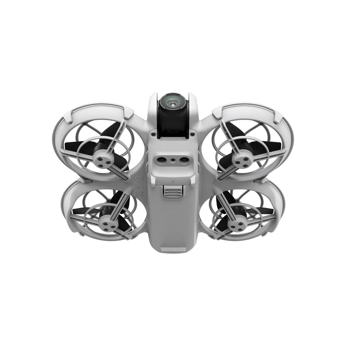 A DJI Neo drone shown at front bottom-up view on a white background