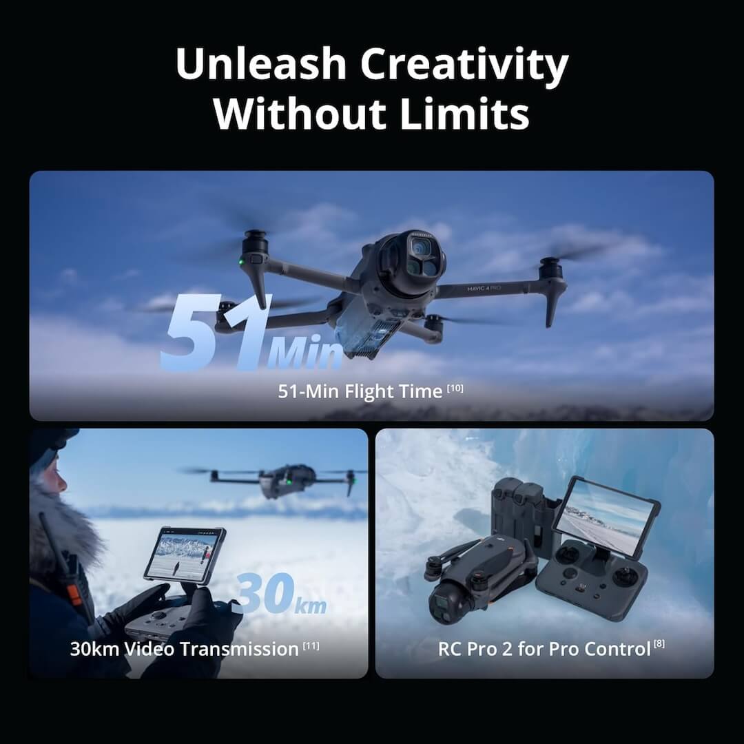 Promotional image of a drone with text highlighting features like flight time and video transmission range.
