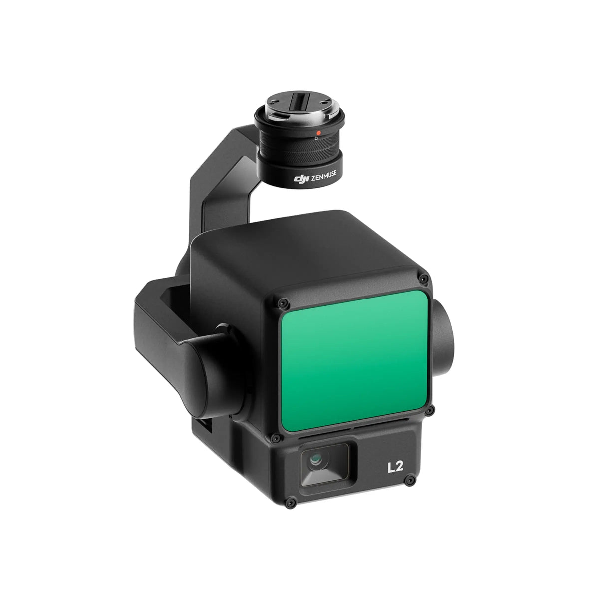 DJI Zenmuse L2 sensor with green screen at top-down product shot on a white background