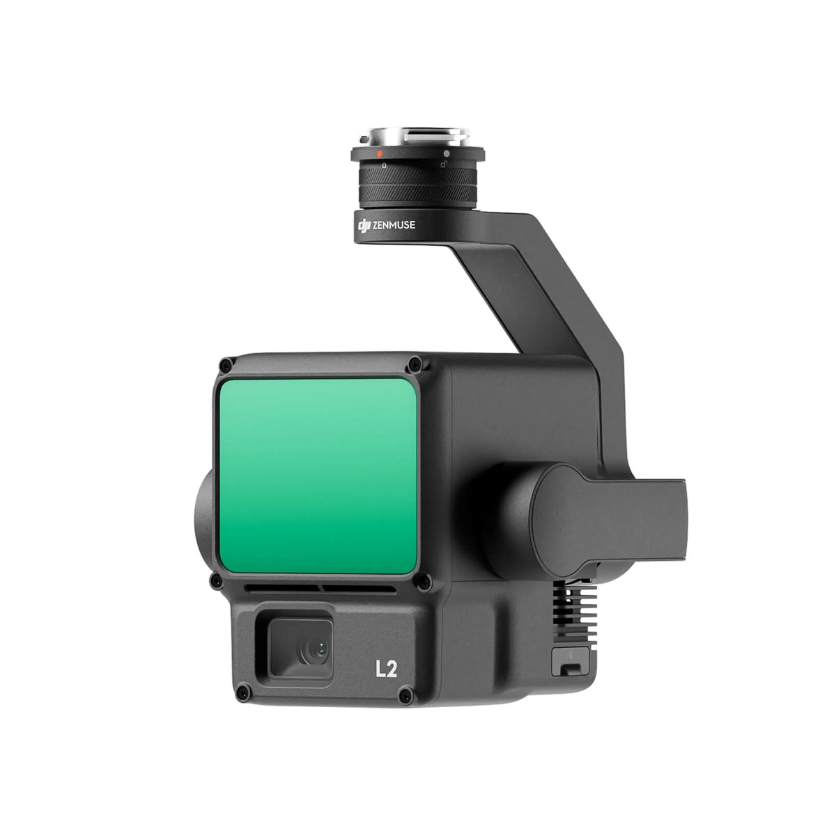 DJI Zenmuse L2 sensor with green screen at 45 degree front left-side angle product shot on a white background