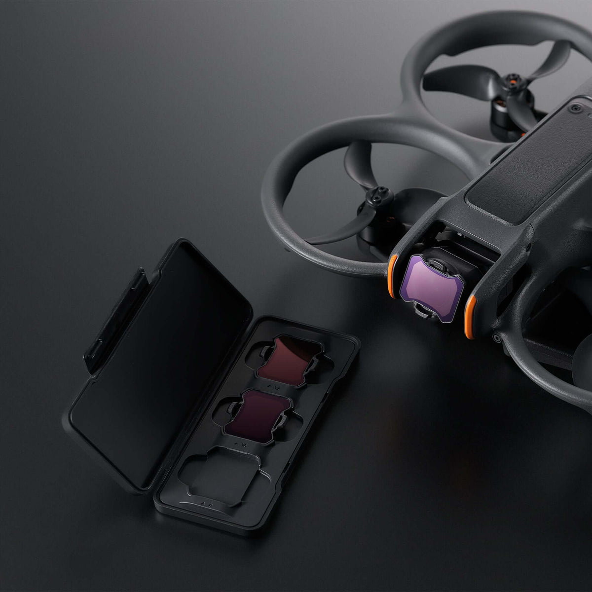 Avata 2 drone with ND filter set on a dark background