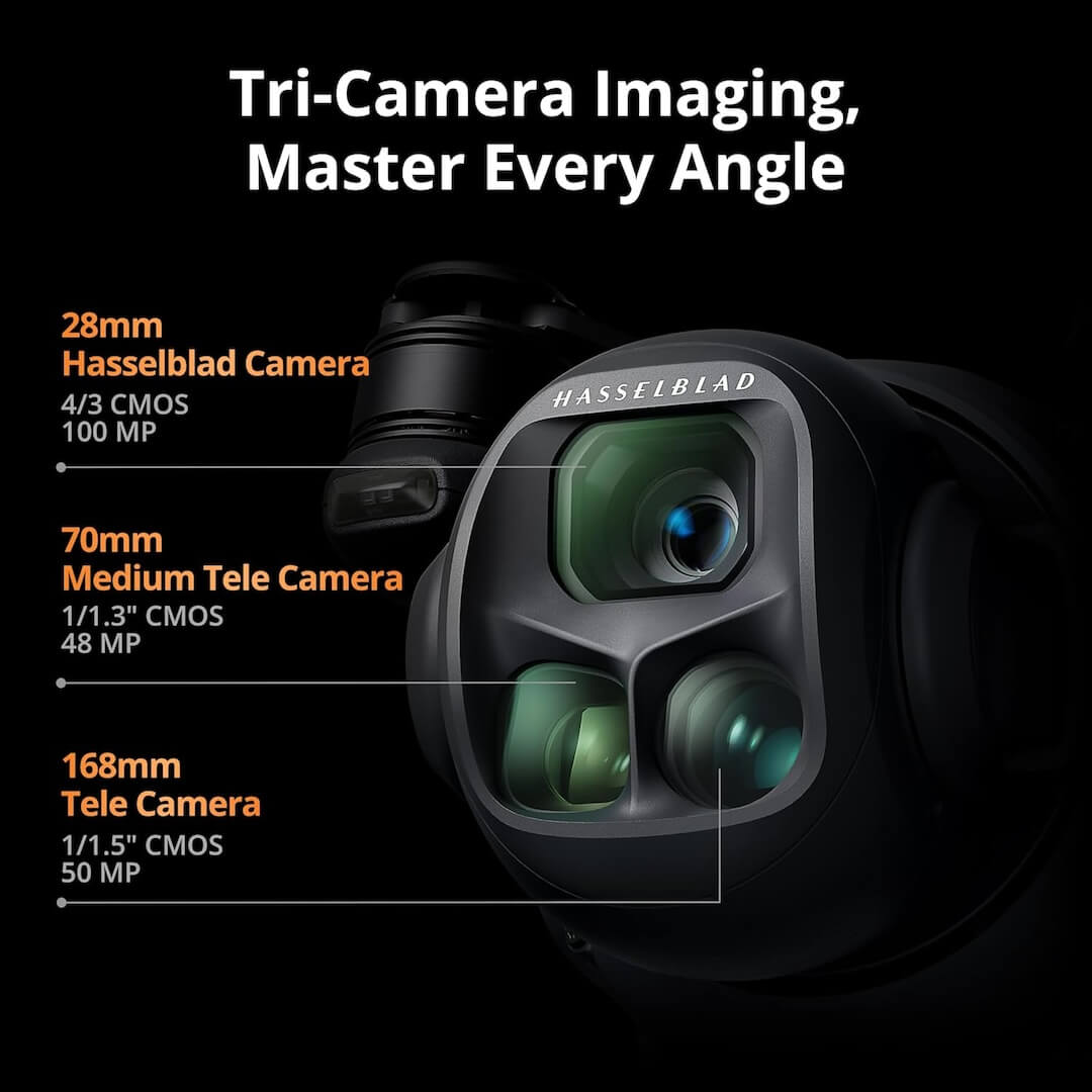 Camera with Hasselblad branding and text about tri-camera imaging on a black background