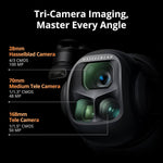 Camera with Hasselblad branding and text about tri-camera imaging on a black background