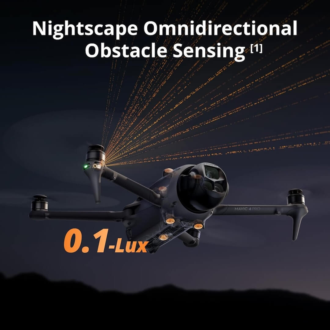 Drone with nightscape omnidirectional obstacle sensing technology and 0.1-Lux capability.
