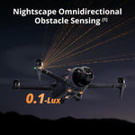 Drone with nightscape omnidirectional obstacle sensing technology and 0.1-Lux capability.