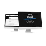 Two computer monitors displaying A2 Certificate of Competence renewal branding on one screen and the training portal on another