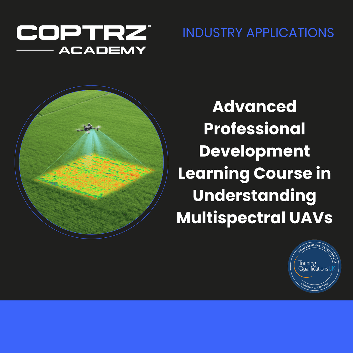 Advertisement for COPTRZ Academy's advanced professional development course on multispectral UAVs with a drone image on a green field.