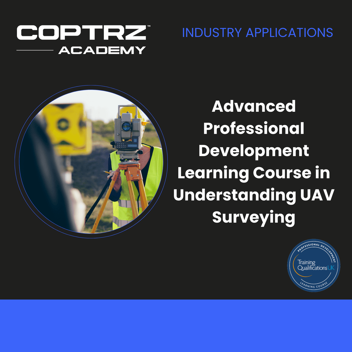 Advertisement for COPTRZ Academy's UAV surveying course with a person in safety gear holding surveying equipment.