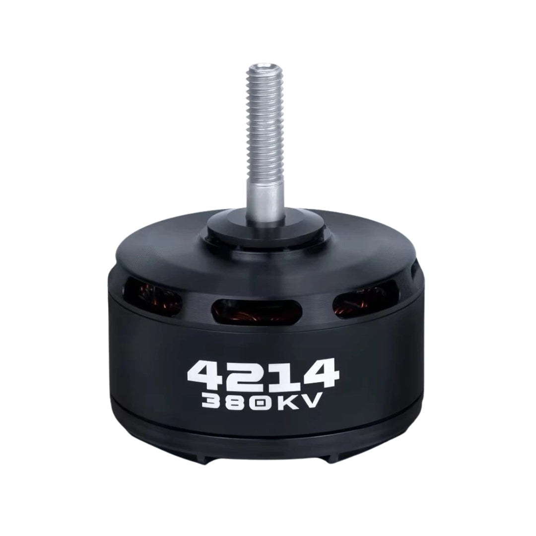 A black brushless motor with the model number 4214 and 380KV indicated on it against a white background
