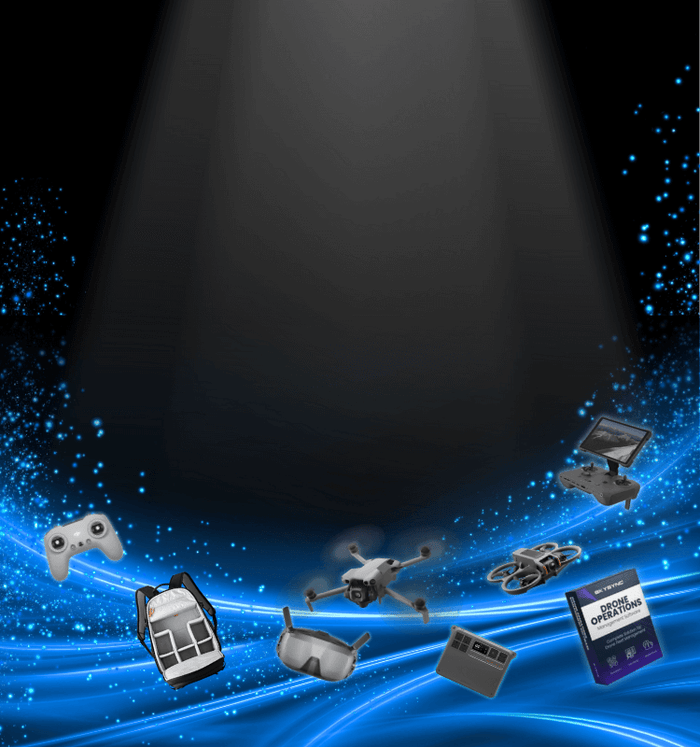 Various drone equipment and accessories on a dark background with spotlight effect