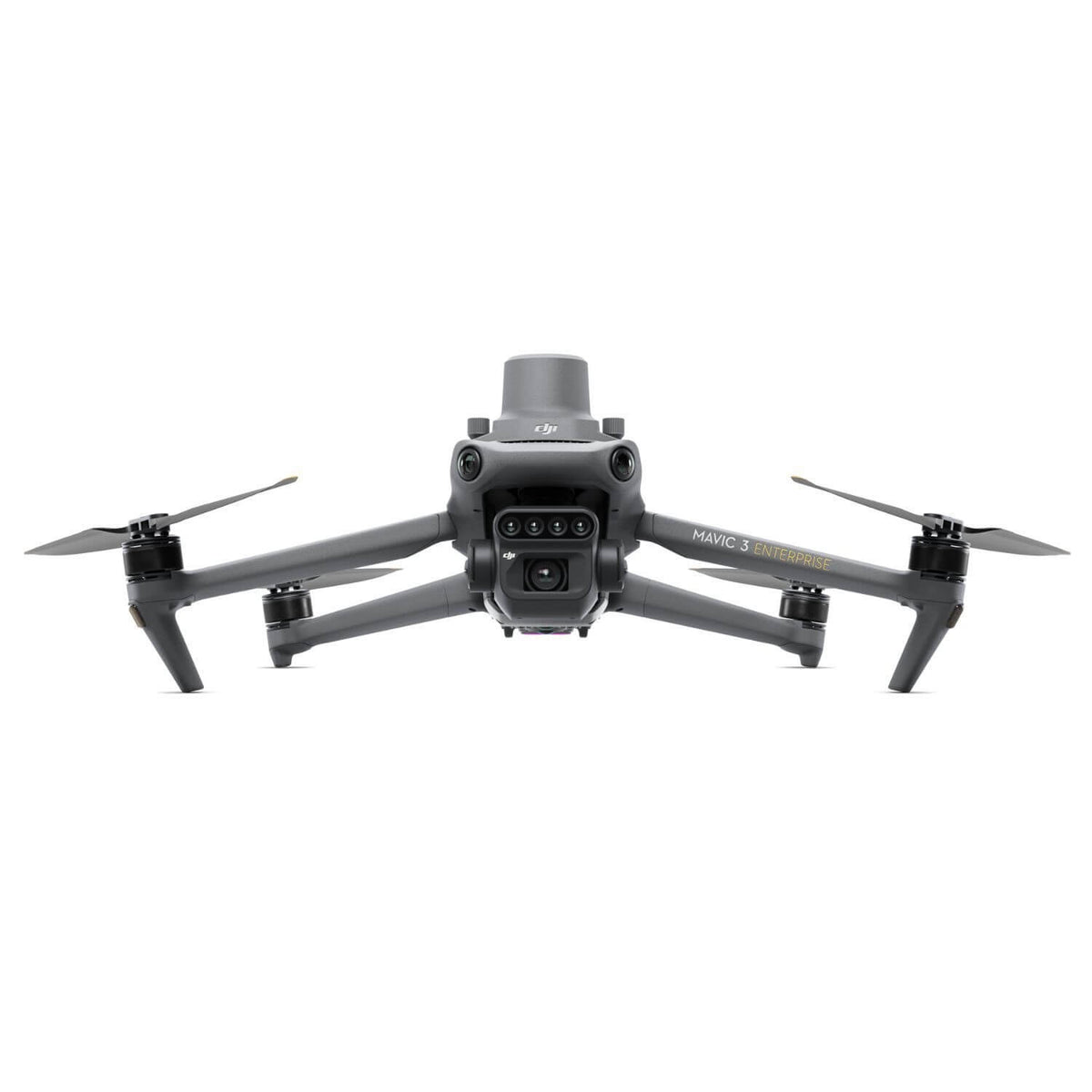 Grey drone with multiple rotors on a white background