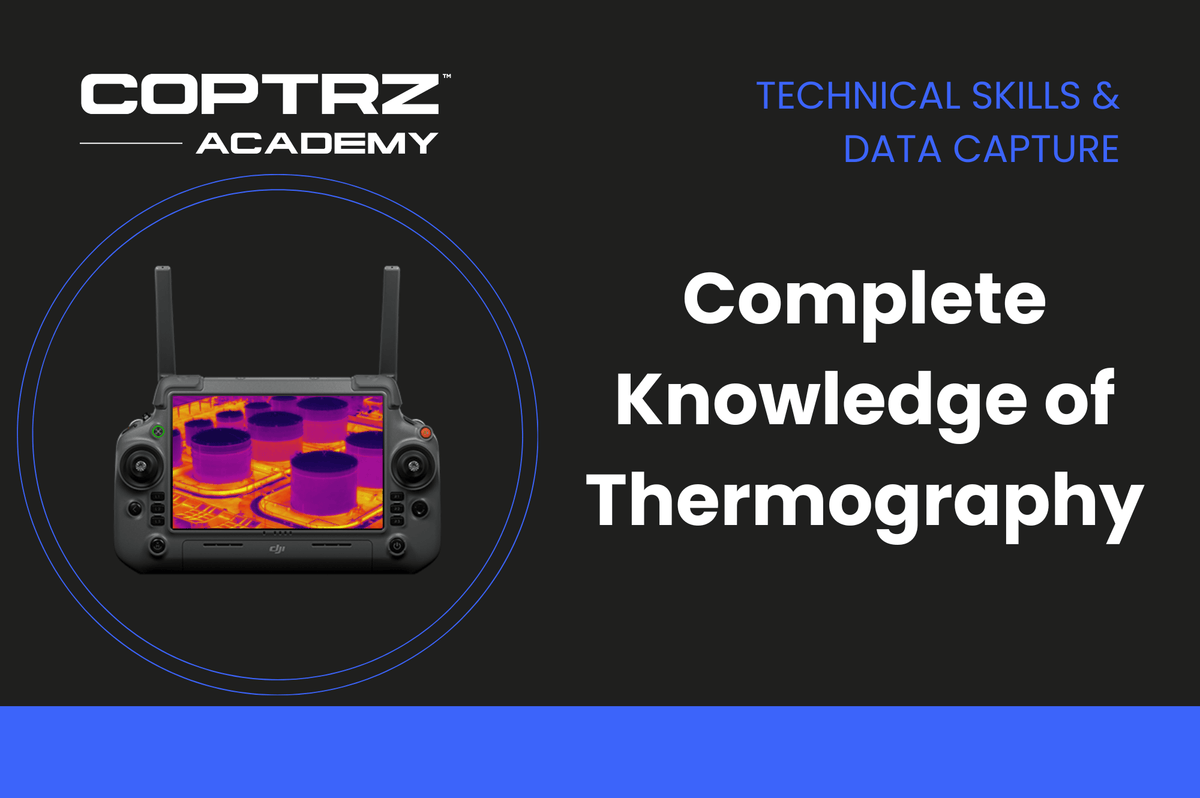 Remote controller displaying screen next to complete knowledge of thermography course title overlay