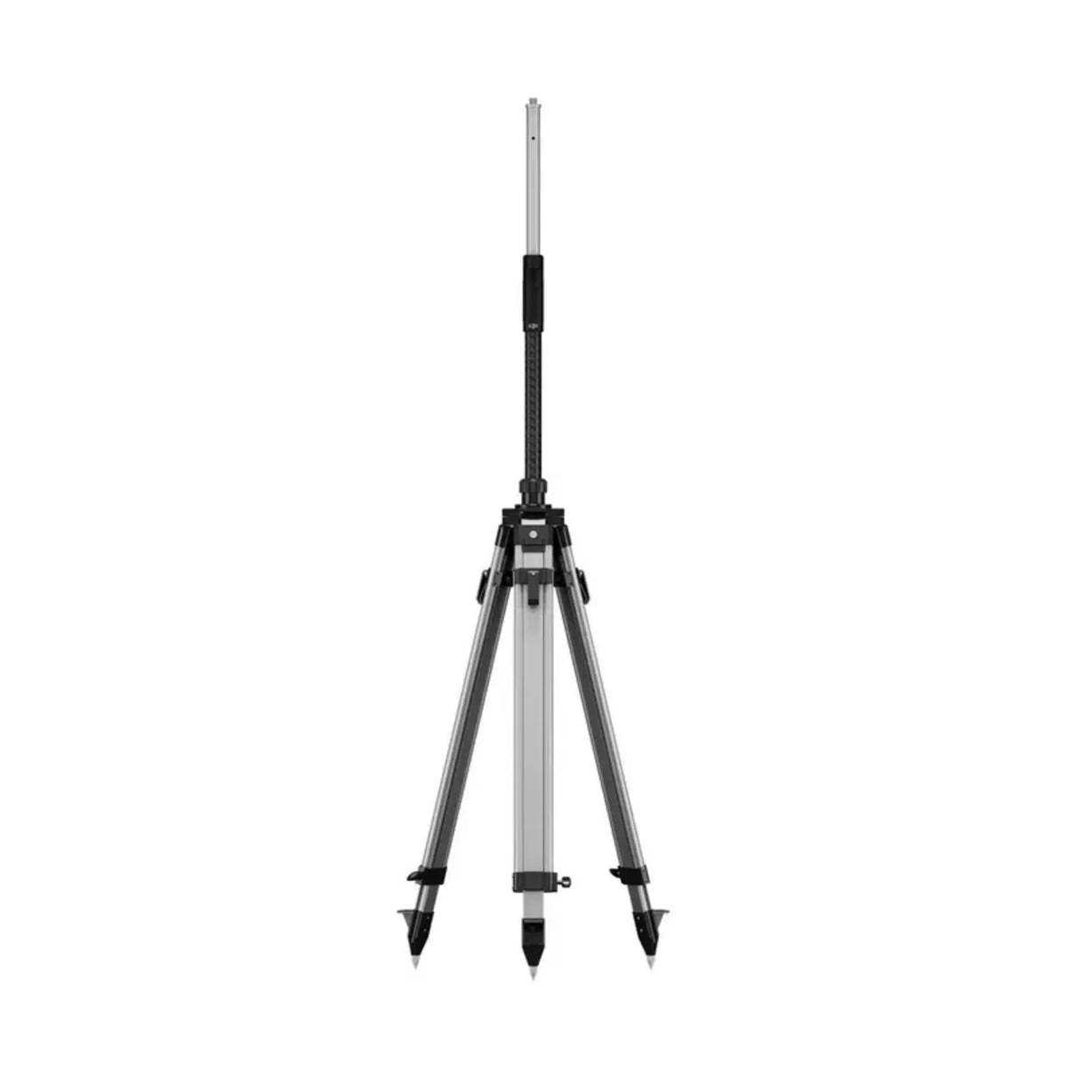 A black surveying tripod with a vertical adjustable pole on a white background