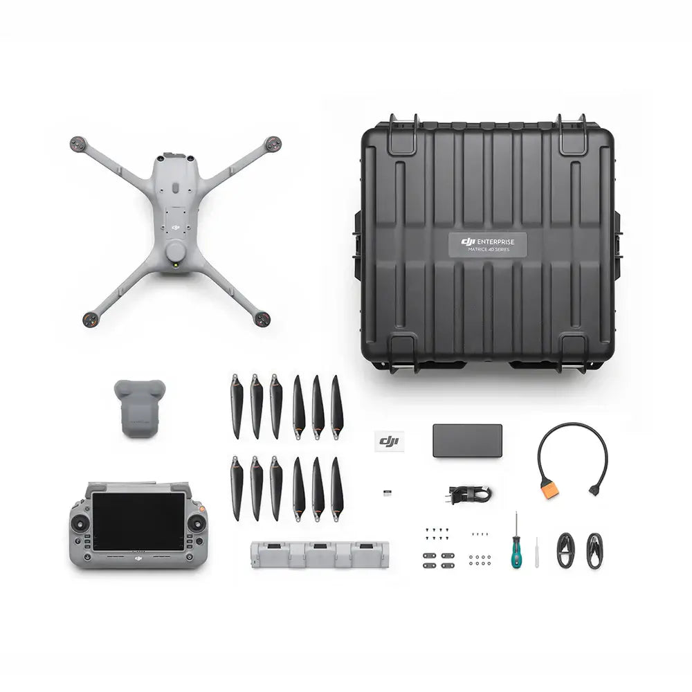 DJI Matrice 4TD drone with accessories bundle birds-eye view on white background