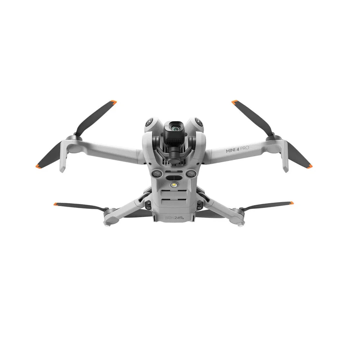 DJI Mini 4 Pro drone unfolded shown at front bottom-up view on a white background
