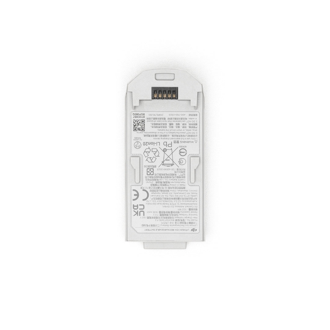 DJI Neo white battery shown at rear label view on a white background