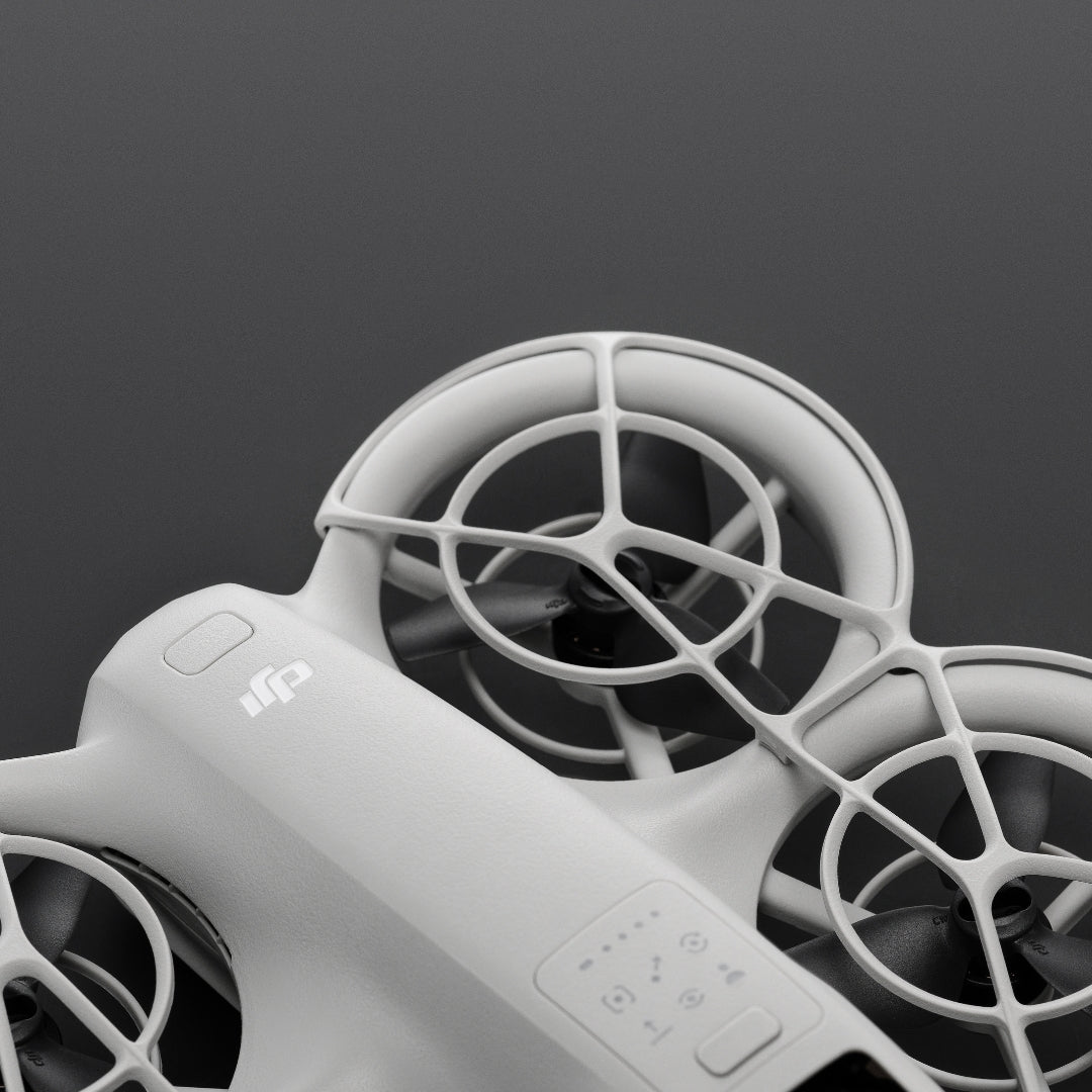 A frame showing propeller guard attached to DJI Neo drone on a dark background