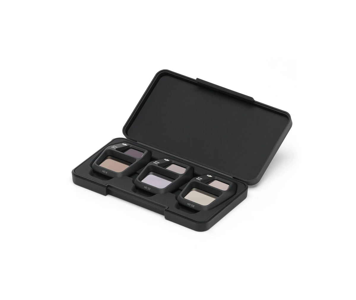 DJI Air 3S ND filters in an open black case shown at 45-degree front left view on a white background