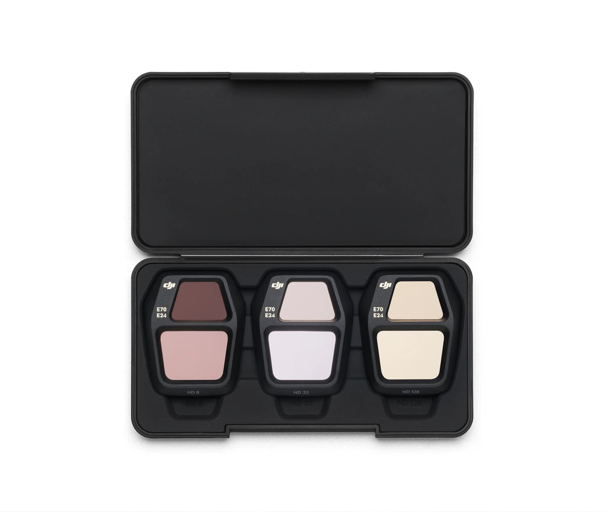 DJI Air 3S ND filters in an open black case shown at birds-eye view on a white background