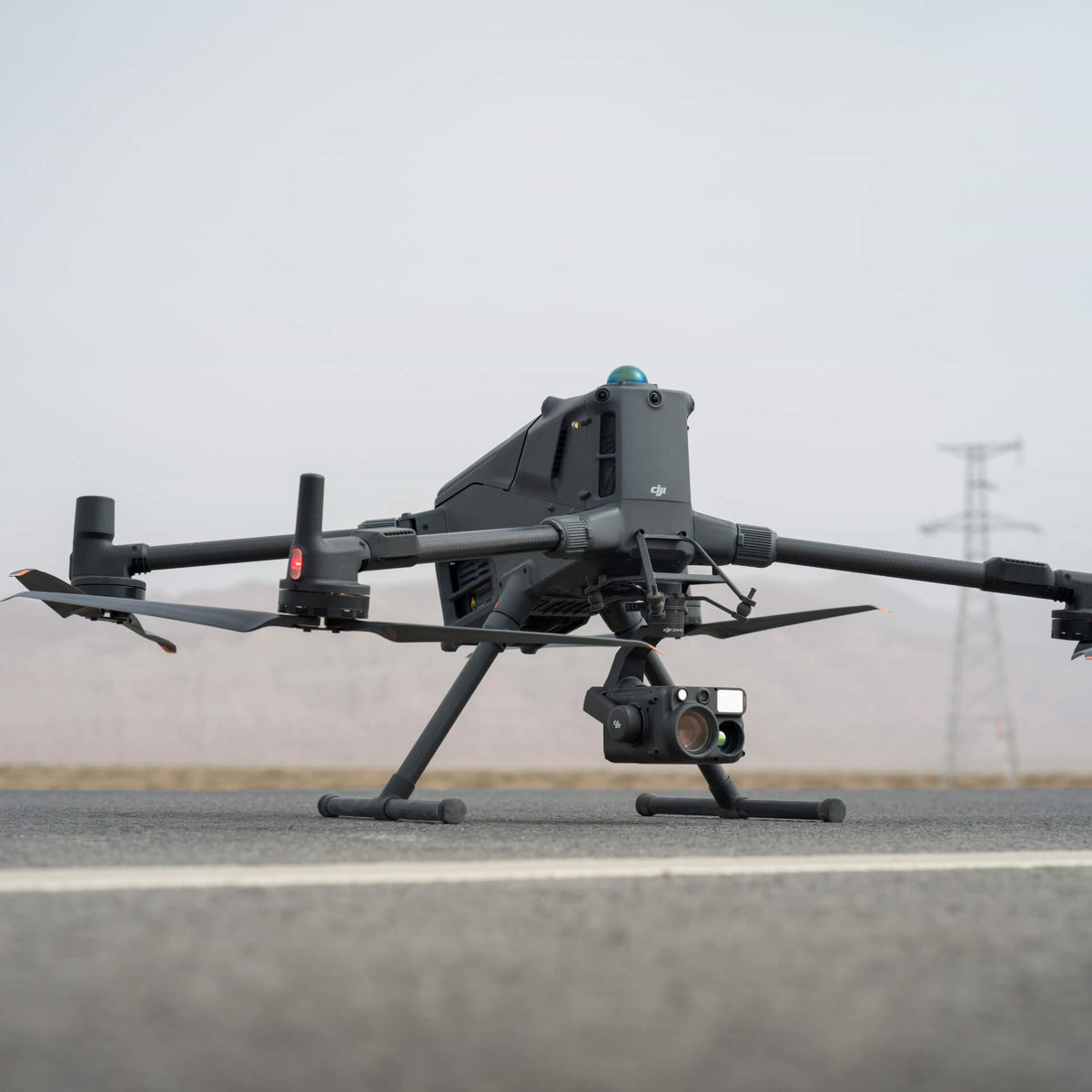 Large enterprise drone on a road with a blurred background