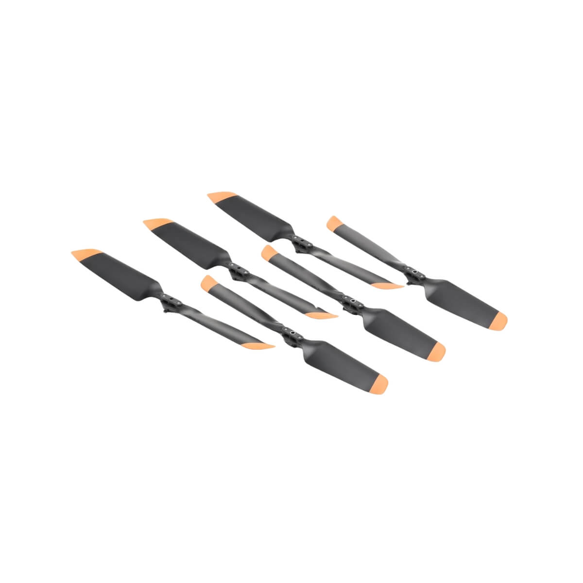 Set of six black and orange spatulas on a white background from side view