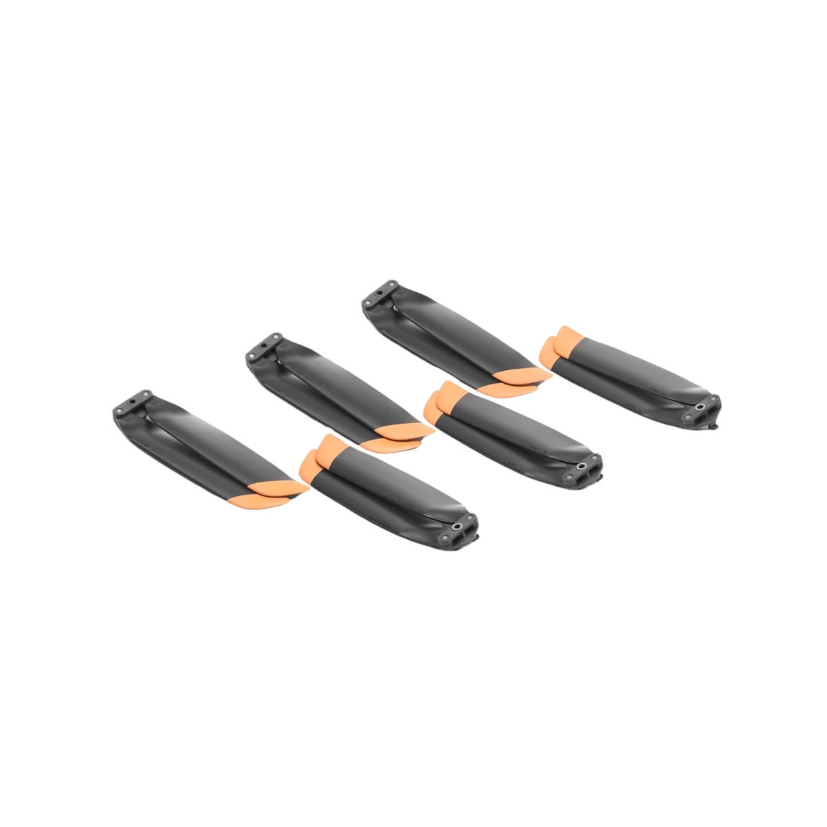 Six folded black and orange propellers on a white background