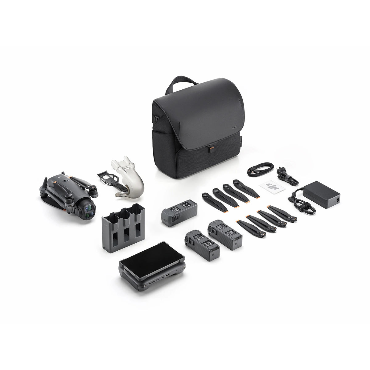 DJI Mavic 4 Pro Creator Combo set with accessories top-down 45-degree right view on white background