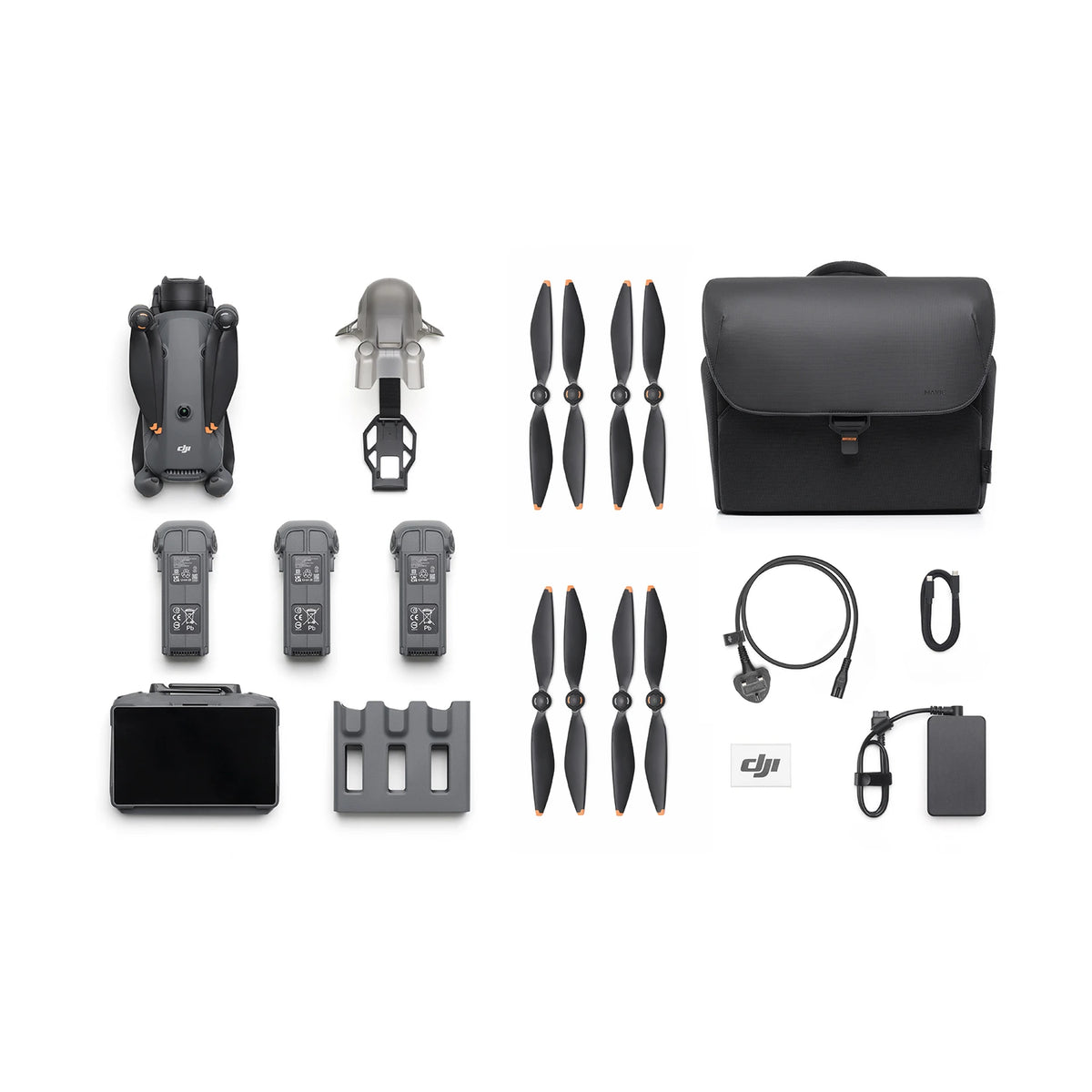 DJI Mavic 4 Pro drone with Creator Combo accessories birds-eye view on white background