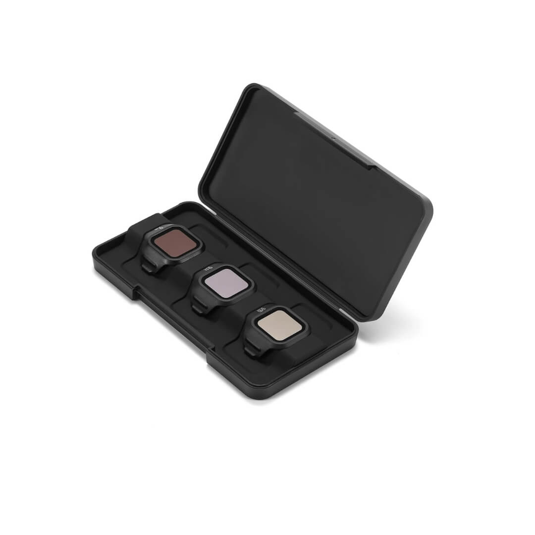 Black case with three nd filters inside on a white background