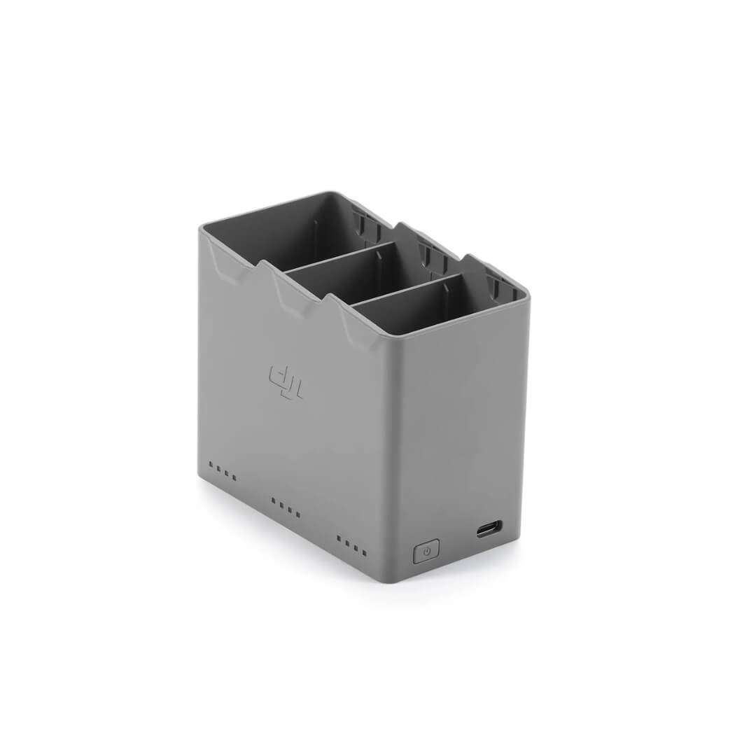 Grey battery pack with USB port on a white background
