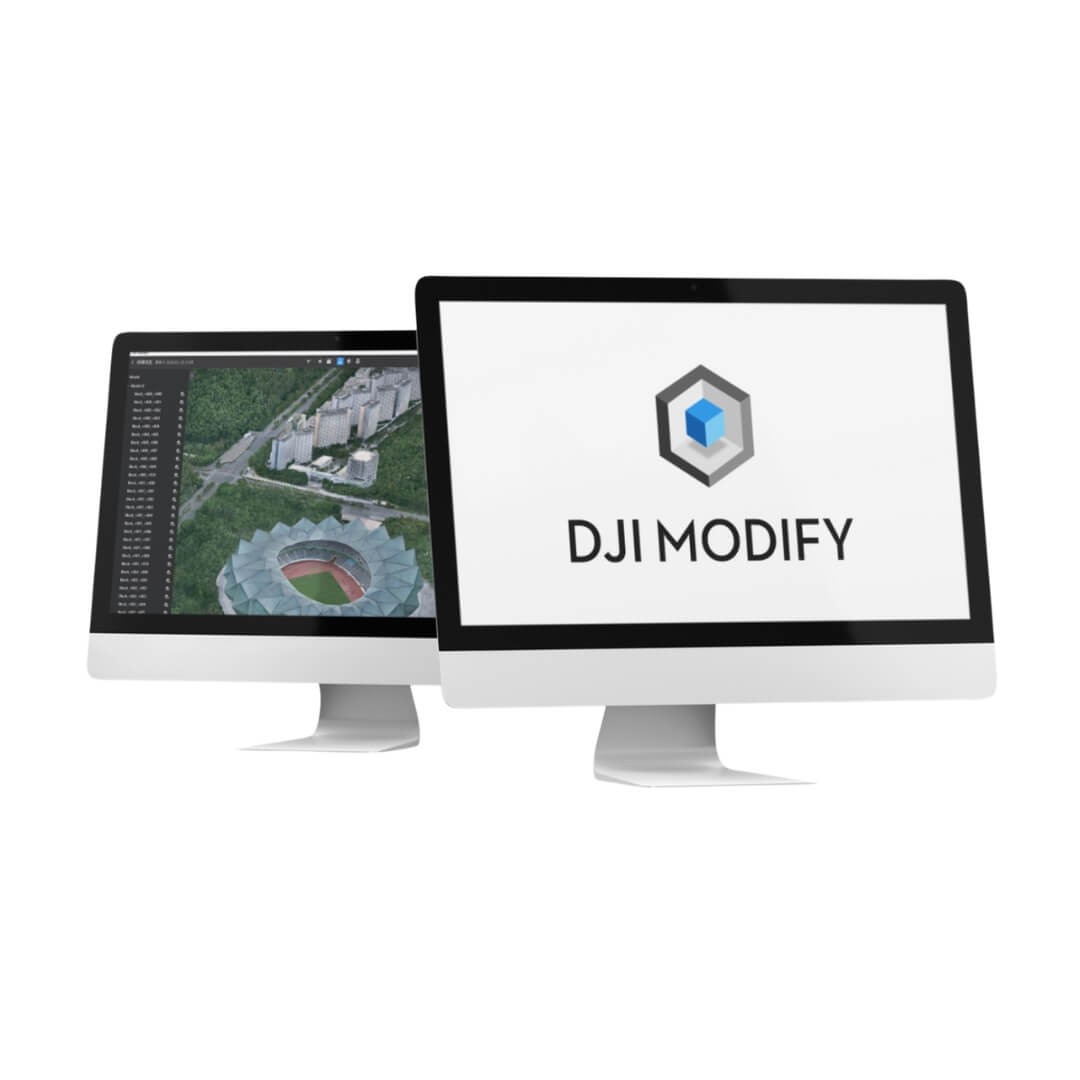 Two computer monitors displaying DJI Modify software on a white background