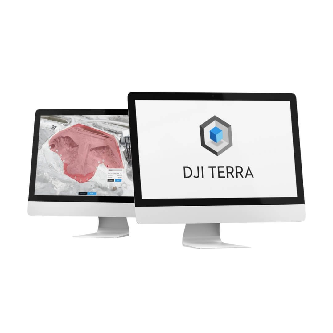 Two computer monitors displaying the DJI Terra software on a white background