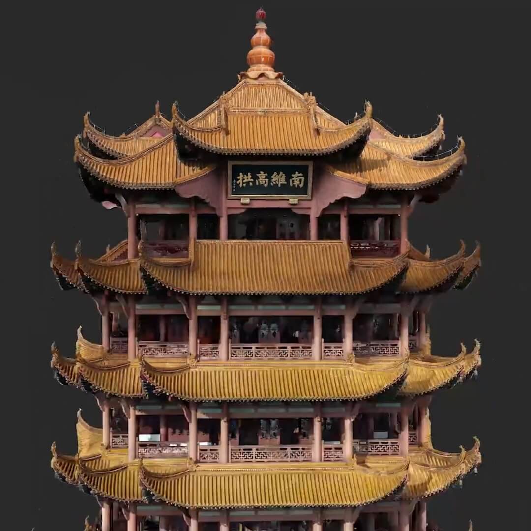 3D render of traditional Chinese pagoda with a dark background