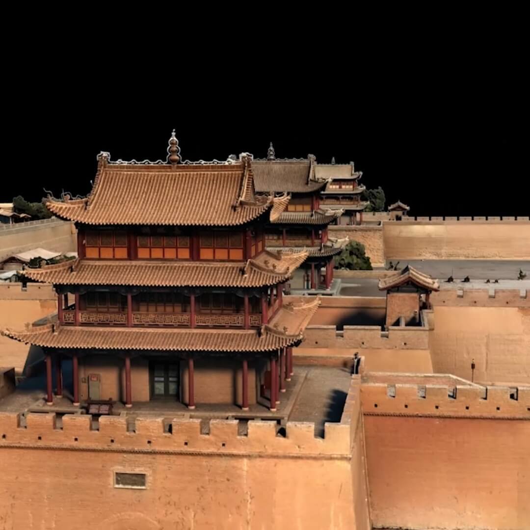 3D render of traditional Chinese architecture with multiple levels of roofs and walls