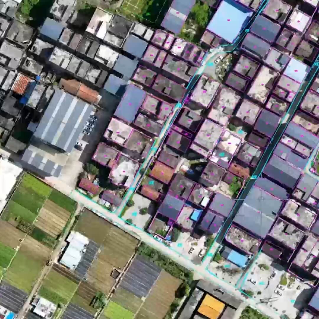 Aerial view of a residential area with houses and green spaces created by 3D render