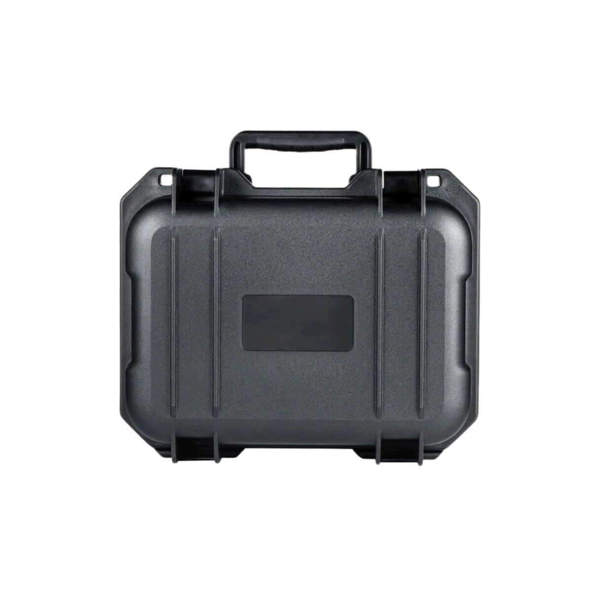 Black hard-shell protective case on a white background