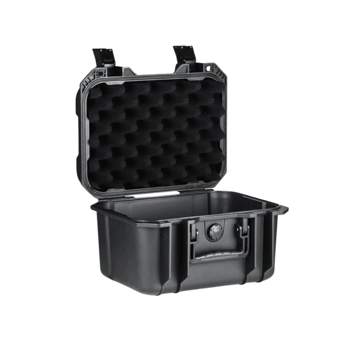 Black hard-shell protective case with foam interior on a white background