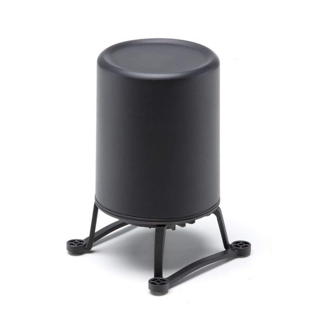 A black cylindrical radar device mounted on a small stand shown at 45-degree front left view on a white background