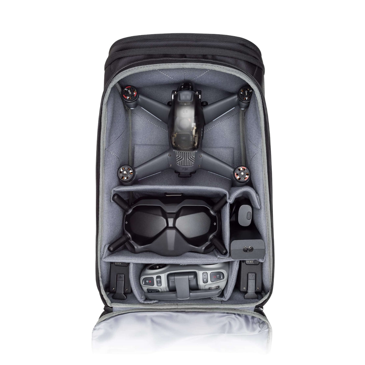 Black backpack with compartments for electronic devices on a white background