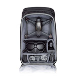 Black backpack with compartments for electronic devices on a white background